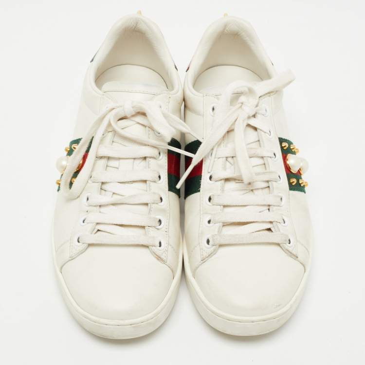 Pre Owned Gucci White Leather Studded Web Ace Sneakers Size 37
