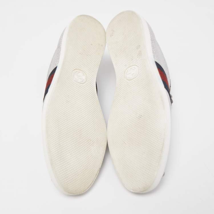 مملوكة مسبقًا Gucci Metallic Silver Glitter Web Detail Studded Low Top Sneakers Size 39