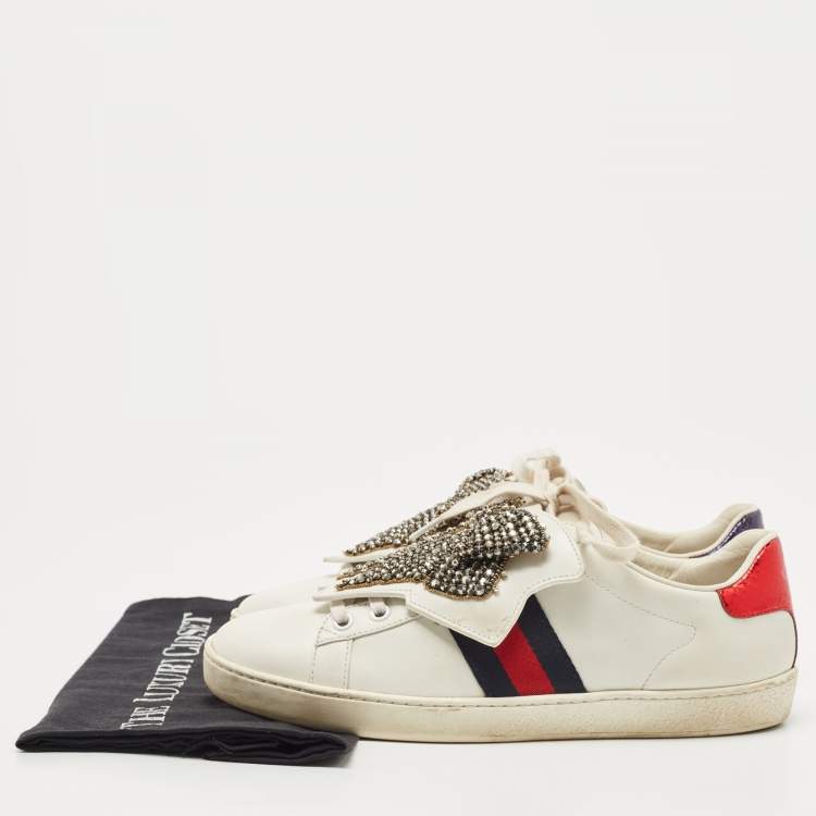 مملوكة مسبقًا Gucci White Leather Ace Beaded Bow Lace Up Sneakers Size 38