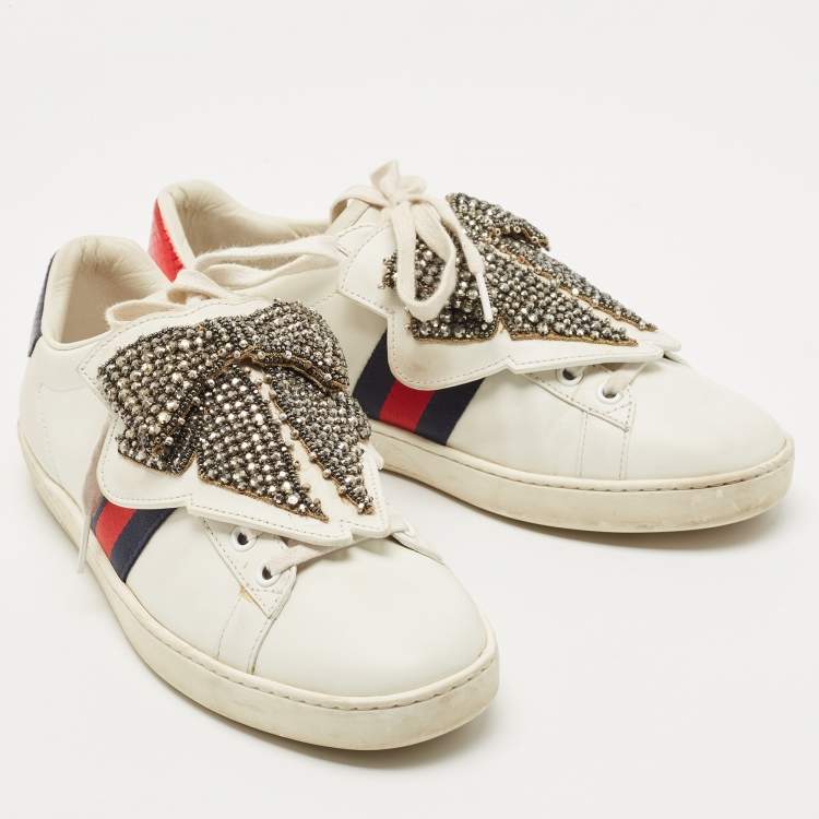 مملوكة مسبقًا Gucci White Leather Ace Beaded Bow Lace Up Sneakers Size 38