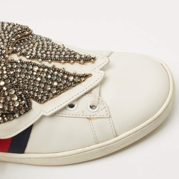 مملوكة مسبقًا Gucci White Leather Ace Beaded Bow Lace Up Sneakers Size 38