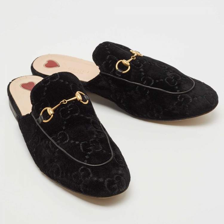 Pre Owned Gucci Black GG Velvet Princetown Horsebit Flat Mules Size 40.5