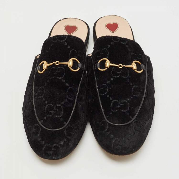 Pre Owned Gucci Black GG Velvet Princetown Horsebit Flat Mules Size 40.5