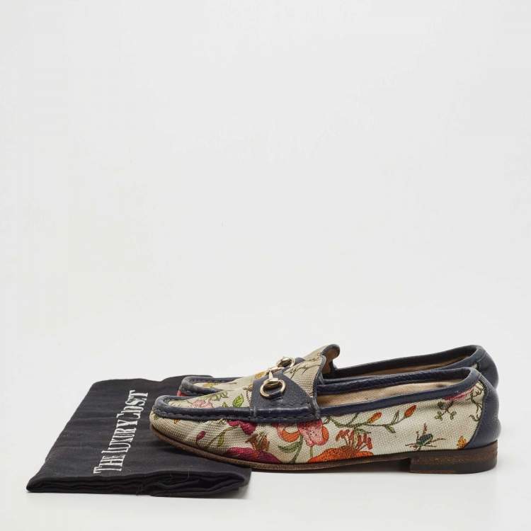 Pre Owned Gucci Navy Blue/White Leather and Floral Print Canvas 1953 Horsebit Loafers Size 36