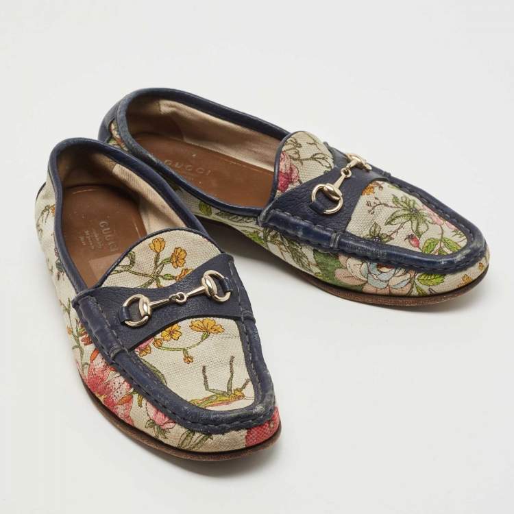 Pre Owned Gucci Navy Blue/White Leather and Floral Print Canvas 1953 Horsebit Loafers Size 36