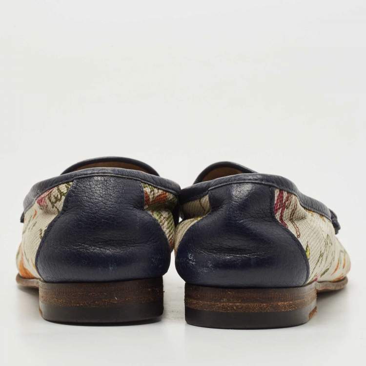 Pre Owned Gucci Navy Blue/White Leather and Floral Print Canvas 1953 Horsebit Loafers Size 36
