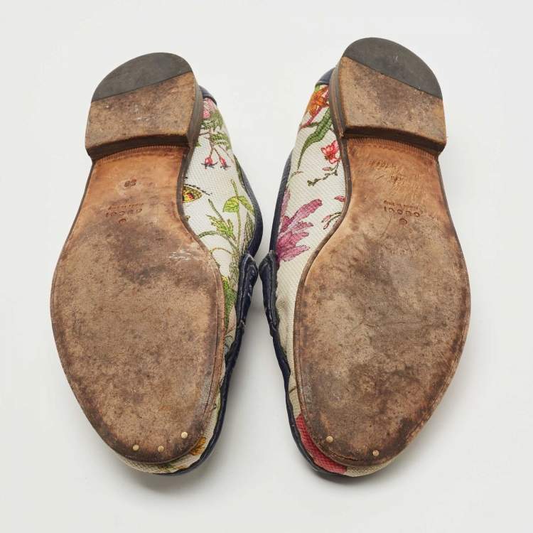 Pre Owned Gucci Navy Blue/White Leather and Floral Print Canvas 1953 Horsebit Loafers Size 36