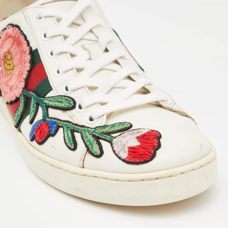 Pre Owned Gucci White Leather Floral Ace Sneakers Size 39