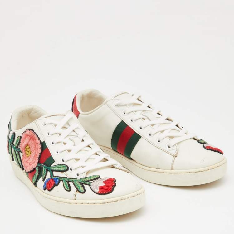 Pre Owned Gucci White Leather Floral Ace Sneakers Size 39
