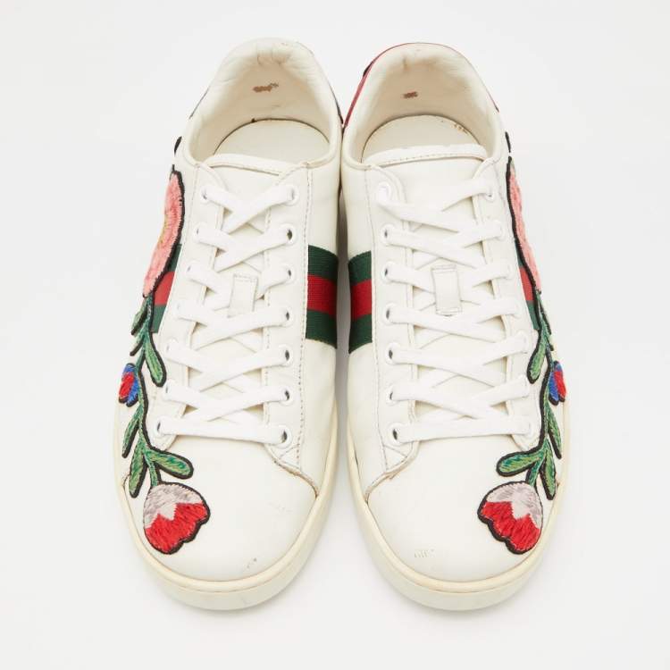 Pre Owned Gucci White Leather Floral Ace Sneakers Size 39