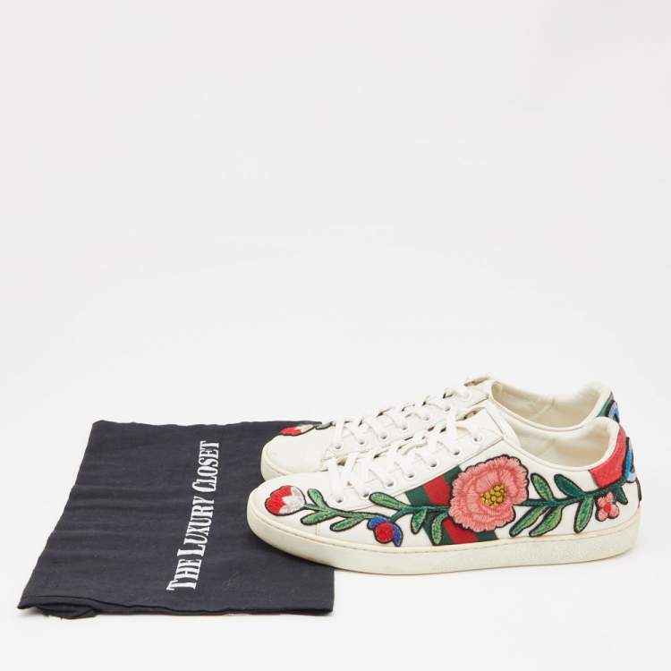 Pre Owned Gucci White Leather Floral Ace Sneakers Size 39