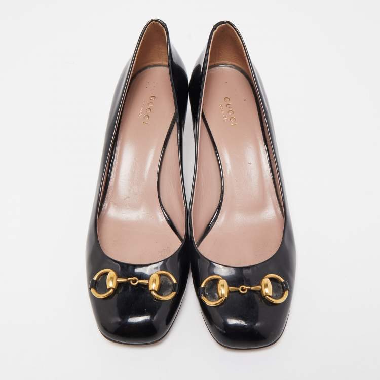 Pre Owned Gucci Black Patent Leather Jolene Horsebit Pumps Size 39.5