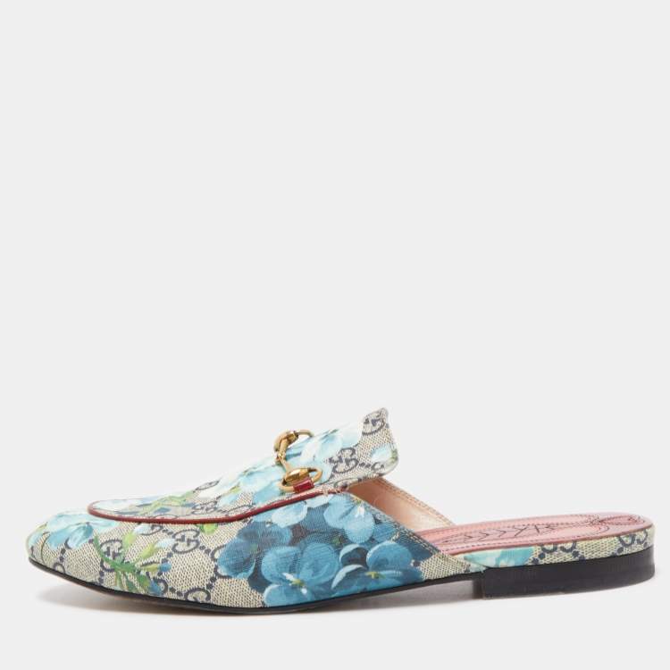 Gucci Grey GG Supreme Blooms Canvas Princetown Horsebit Mules Size 39.5 TLC