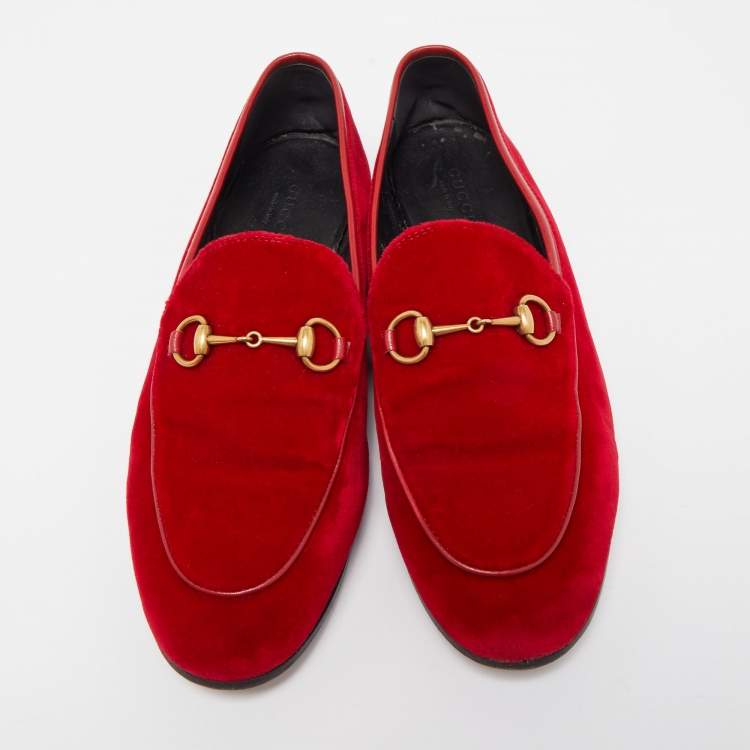 Pre Owned Gucci Red Velvet Jordaan Horsebit Loafers Size 38