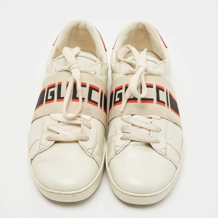 Pre Owned Gucci White/Red Leather Ace Band Low Top Sneakers Size 37