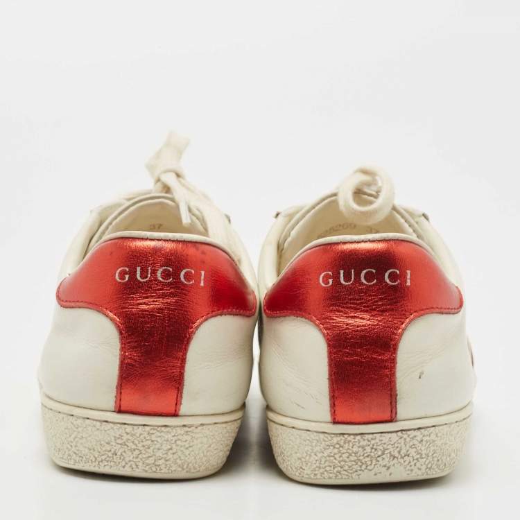 Pre Owned Gucci White/Red Leather Ace Band Low Top Sneakers Size 37
