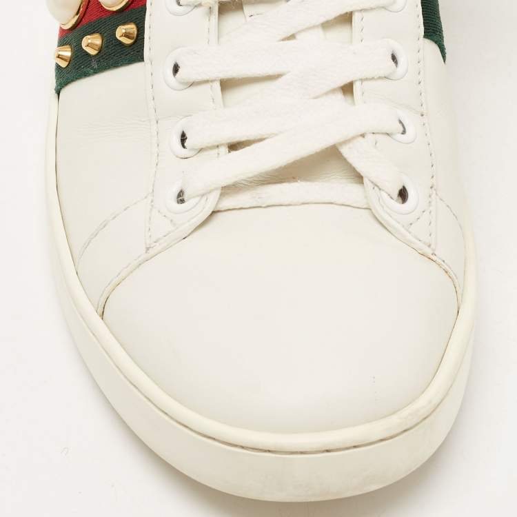 Pre Owned Gucci White Leather Faux Pearl Embellished Ace Sneakers Size 36.5