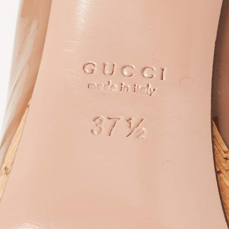 Pre Owned Gucci Brown Patent Leather Cork Platform Peep Toe Pumps Size 37.5
