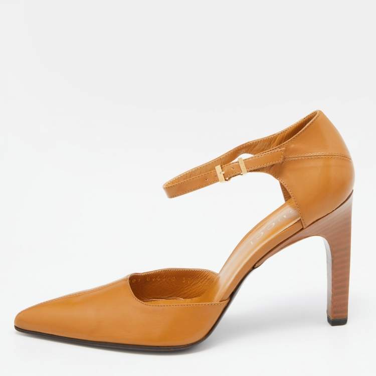 Pre Owned Gucci Mustard Leather Pointed Ankle Strap Sandals Size 37