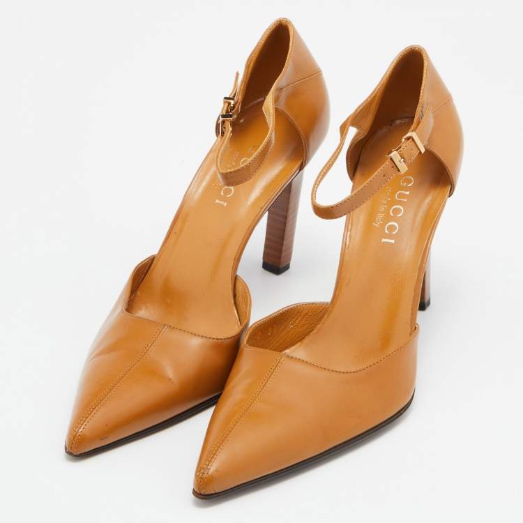 Pre Owned Gucci Mustard Leather Pointed Ankle Strap Sandals Size 37