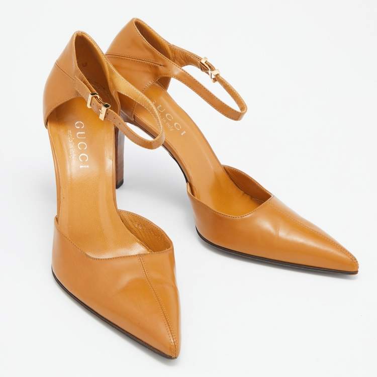 Pre Owned Gucci Mustard Leather Pointed Ankle Strap Sandals Size 37