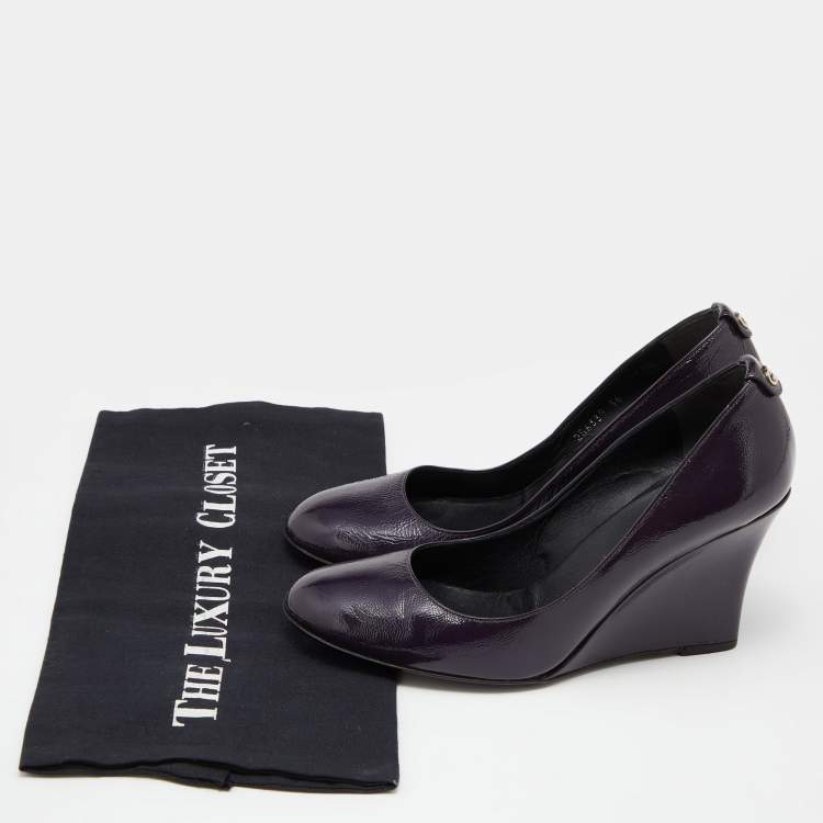 Pre Owned Gucci Purple Patent Leather Wedge Round Toe Pumps Size 36