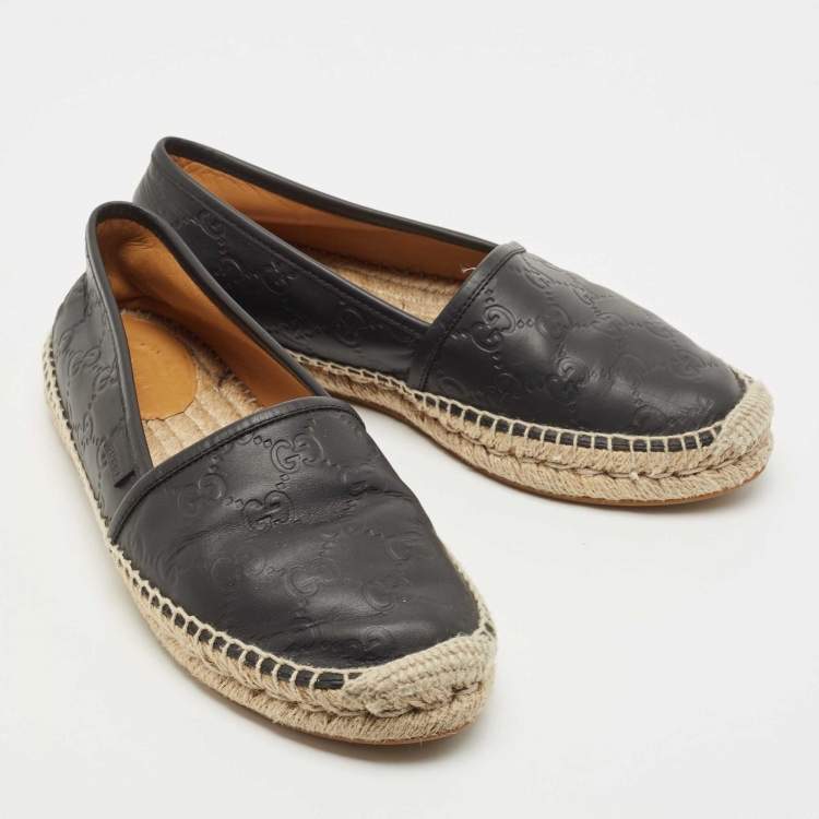 Pre Owned Gucci Black Guccissima Leather Pilar Espadrille Flats Size 38.5 