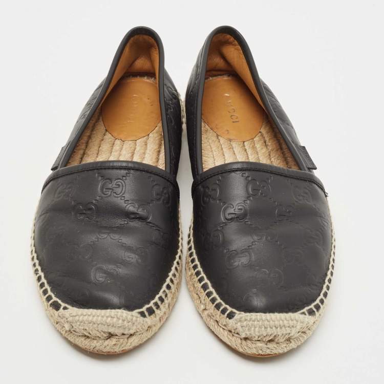 Pre Owned Gucci Black Guccissima Leather Pilar Espadrille Flats Size 38.5 