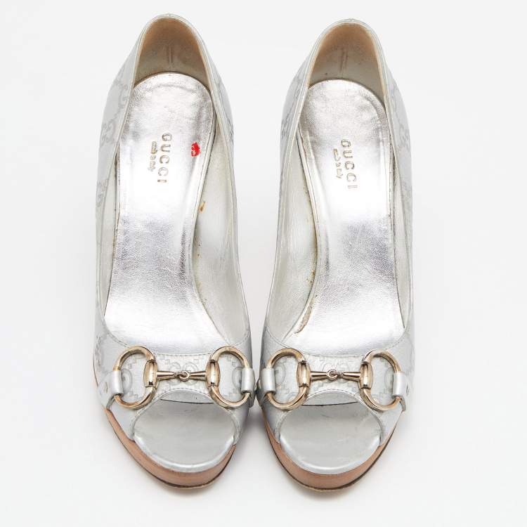 Pre Owned Gucci Grey Leather Guccissima Horsebit Peep Toe Pumps Size 37