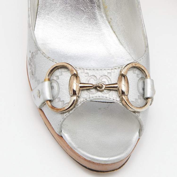 Pre Owned Gucci Grey Leather Guccissima Horsebit Peep Toe Pumps Size 37