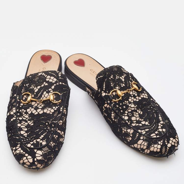 Pre Owned Gucci Black/Beige Satin and Lace Princetown Mules Size 39