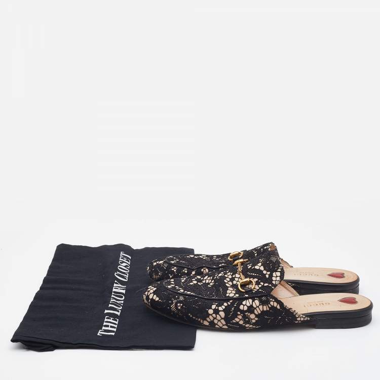 Pre Owned Gucci Black/Beige Satin and Lace Princetown Mules Size 39