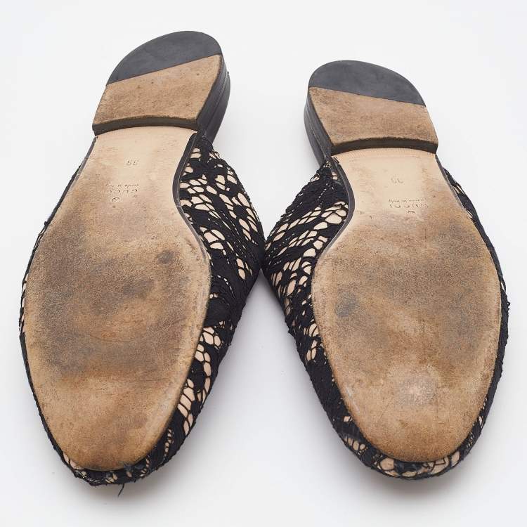 Pre Owned Gucci Black/Beige Satin and Lace Princetown Mules Size 39