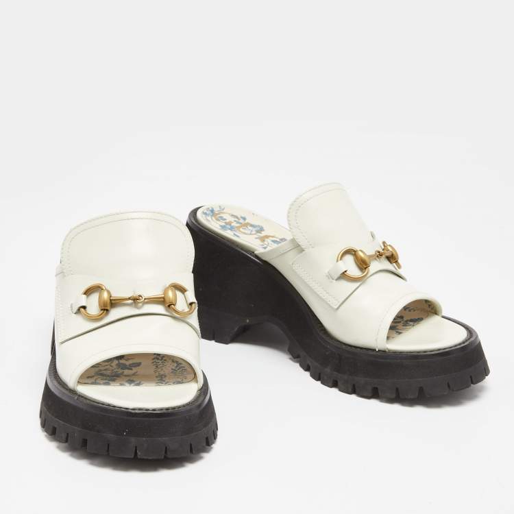 Pre Owned Gucci White Leather Harald Horsebit Platform Slide Sandals Size 38.5