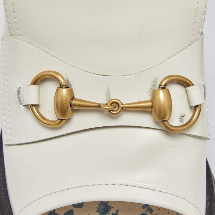 Pre Owned Gucci White Leather Harald Horsebit Platform Slide Sandals Size 38.5