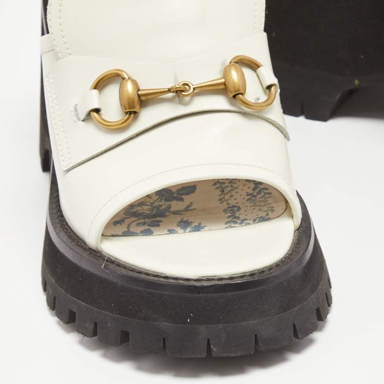 Pre Owned Gucci White Leather Harald Horsebit Platform Slide Sandals Size 38.5