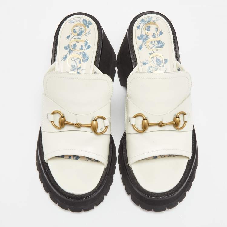 Pre Owned Gucci White Leather Harald Horsebit Platform Slide Sandals Size 38.5