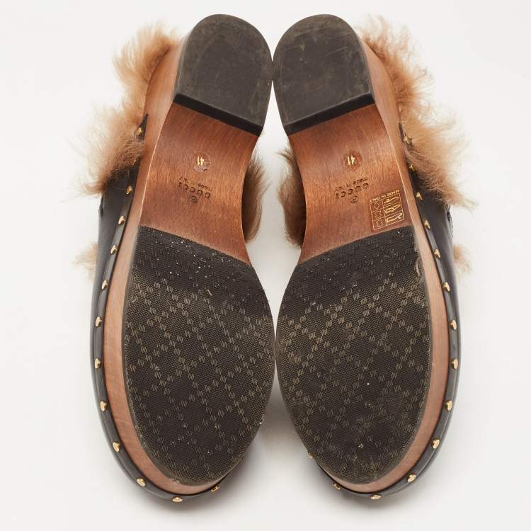 Pre Owned Gucci Black Leather and Fur Amstel Horsebit Slingback Clog Sandals Size 41