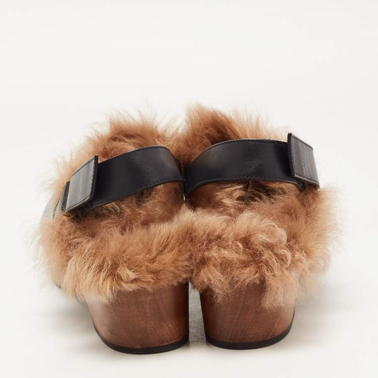 Pre Owned Gucci Black Leather and Fur Amstel Horsebit Slingback Clog Sandals Size 41