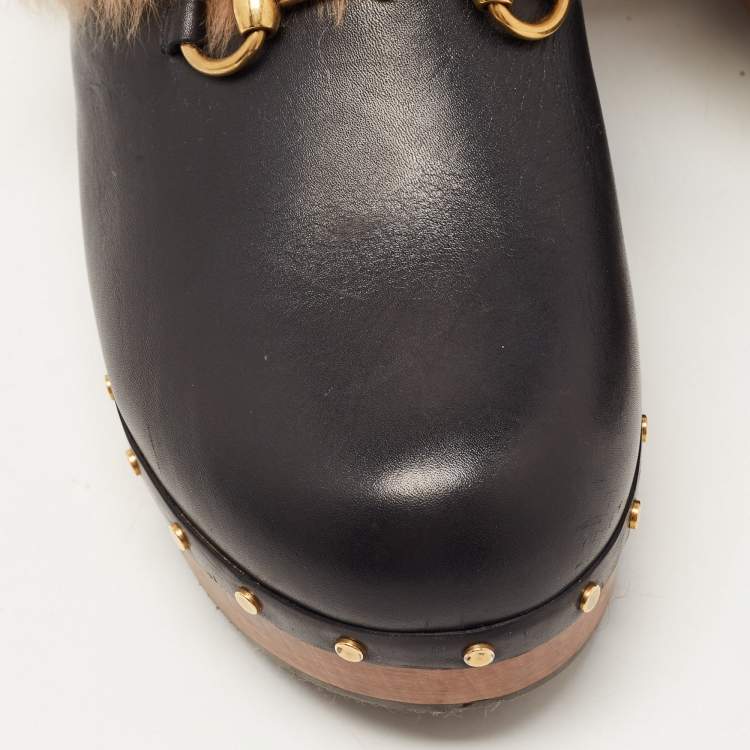Pre Owned Gucci Black Leather and Fur Amstel Horsebit Slingback Clog Sandals Size 41