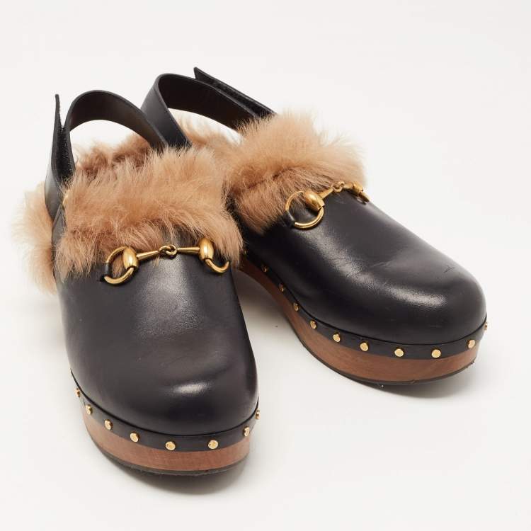 Pre Owned Gucci Black Leather and Fur Amstel Horsebit Slingback Clog Sandals Size 41