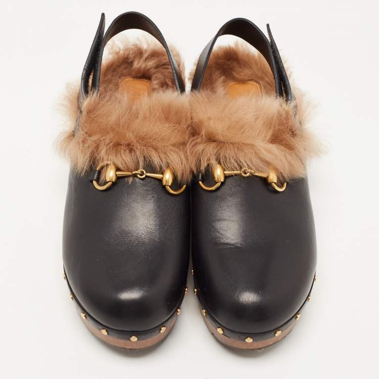 Pre Owned Gucci Black Leather and Fur Amstel Horsebit Slingback Clog Sandals Size 41