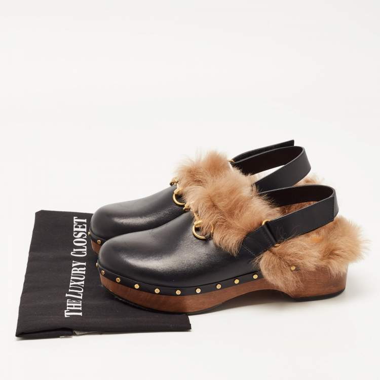 Pre Owned Gucci Black Leather and Fur Amstel Horsebit Slingback Clog Sandals Size 41