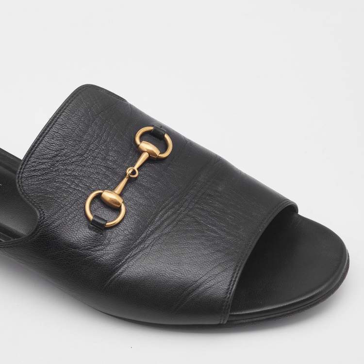 Pre Owned Gucci Black Leather Malaga Kid Flat Slides Size 40