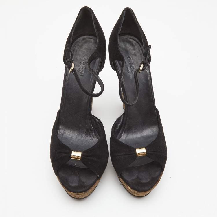 Pre Owned Gucci Black Suede Cork Wedge Platform Ankle Strap Sandals Size 37.5