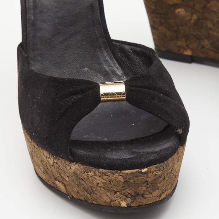 Pre Owned Gucci Black Suede Cork Wedge Platform Ankle Strap Sandals Size 37.5