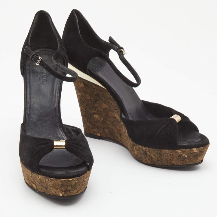 Pre Owned Gucci Black Suede Cork Wedge Platform Ankle Strap Sandals Size 37.5