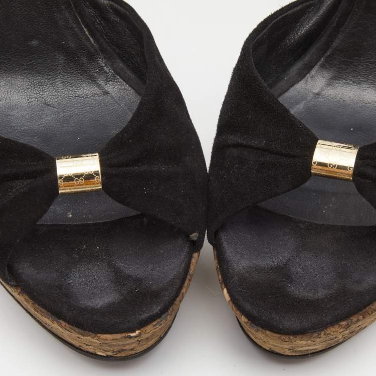 Pre Owned Gucci Black Suede Cork Wedge Platform Ankle Strap Sandals Size 37.5