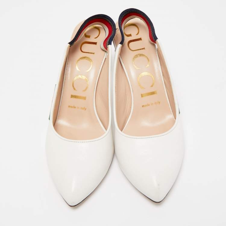 Pre Owned Gucci White Leather Sylvie Web Slingback Pumps Size 36.5