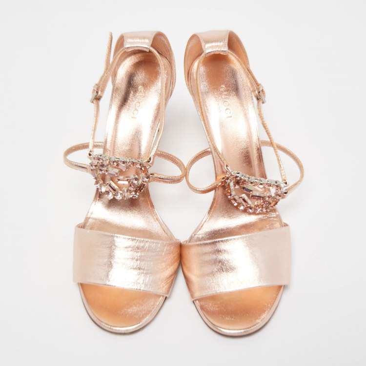 Pre Owned Gucci Metallic Leather Crystal Embellished Interlocking G Sandals Size 39